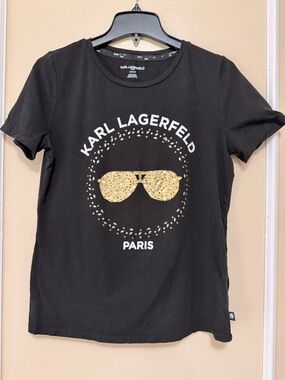 Karl Lagerfeld Black Tee with Gold Studded Sunglasses Graphic